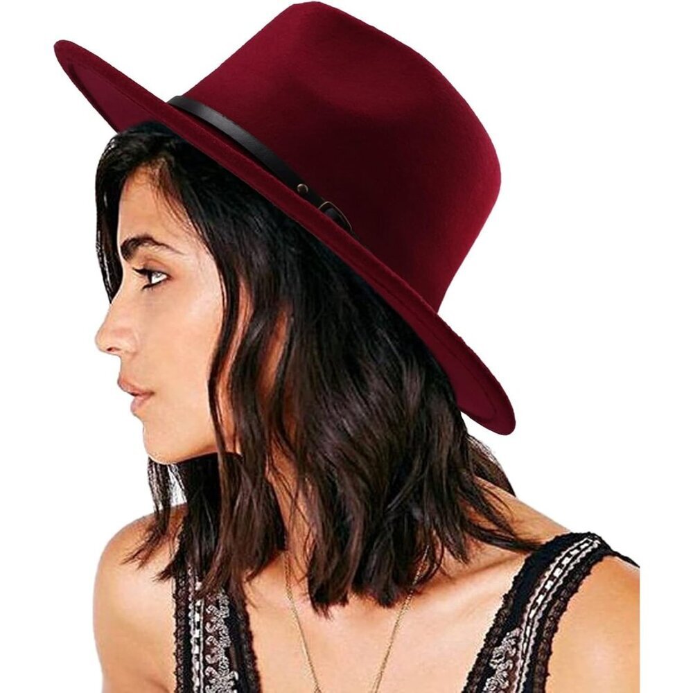 Women's Red Western With Braided Leather Band Classic Fedora Felt Cowboy Hat